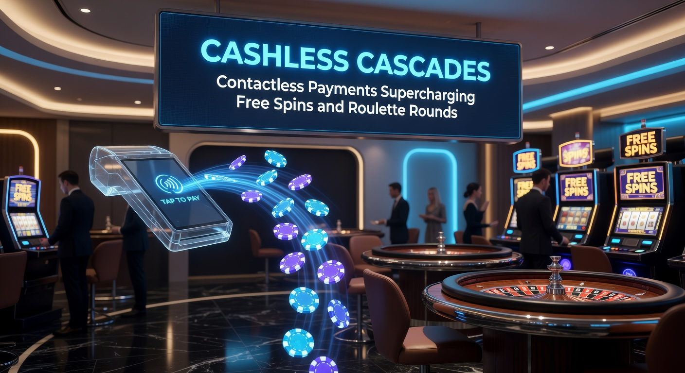 Dynamic roulette wheel spinning with overlaid contactless payment icons and free spin counters exploding in the background