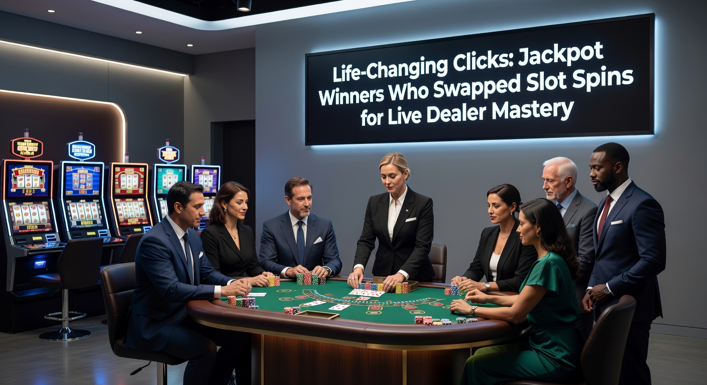 Close-up of a live dealer spinning a roulette wheel with excited players at digital tables, jackpot symbols fading into cards and chips