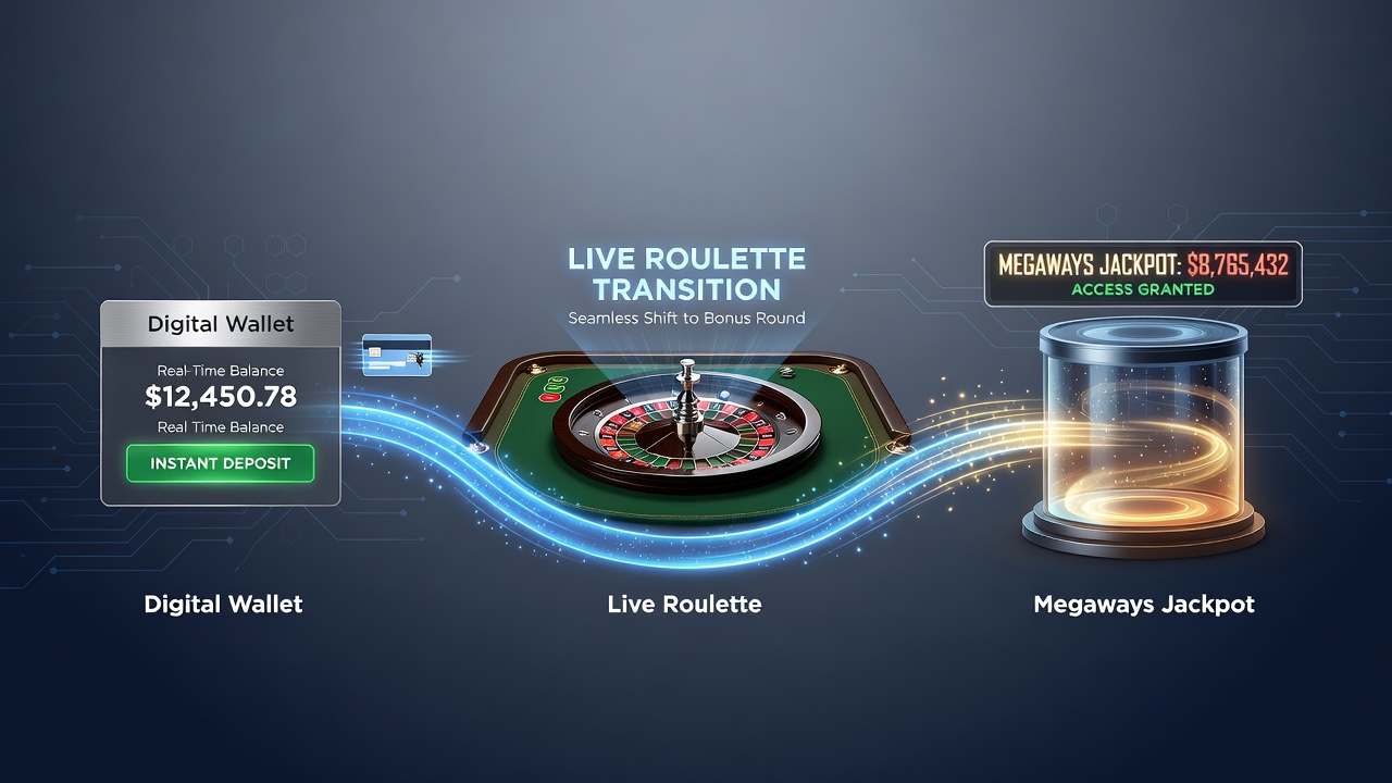Split screen view of a Megaways jackpot screen next to a live roulette table with digital payment overlay