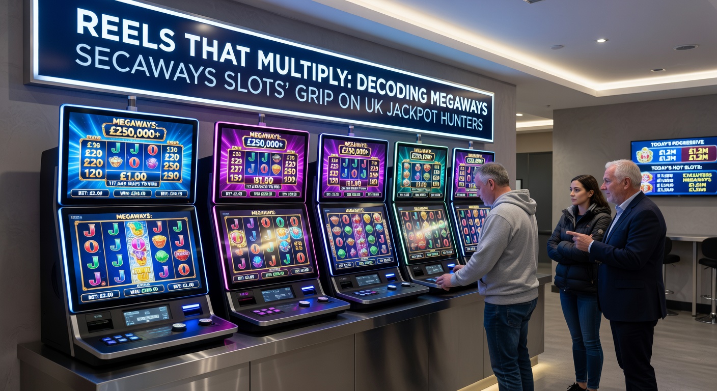 UK player celebrating a massive Megaways jackpot win on a mobile device amid casino lights