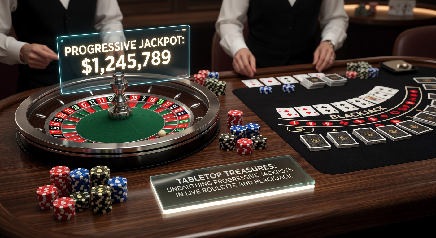 Close-up of a blackjack hand with progressive side bet payout screen flashing jackpot win, live dealer smiling amid stacked chips and a rising meter graphic