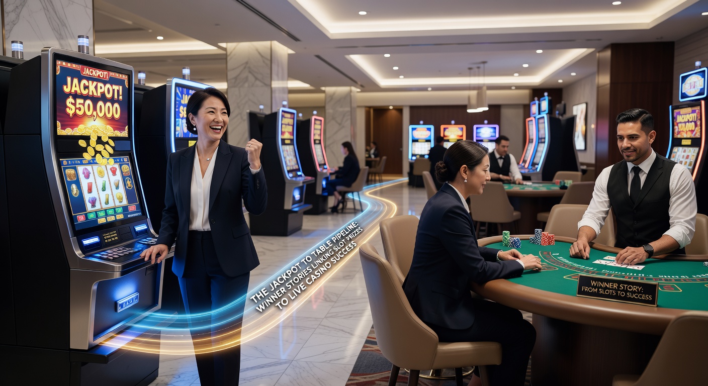 Excited casino player celebrating a slot jackpot on mobile, with a live roulette wheel spinning in the background, illustrating the seamless pipeline from slots to tables