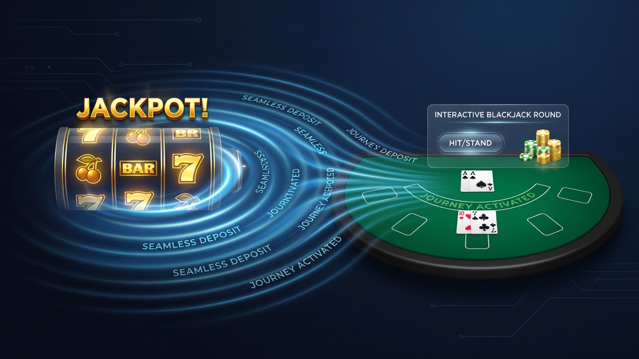 Diagram of player journey from jackpot reels through instant deposit to interactive blackjack rounds