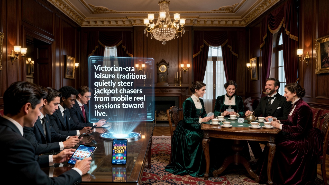 Illustration contrasting 19th century casino-style gatherings with present-day live dealer blackjack and roulette interfaces